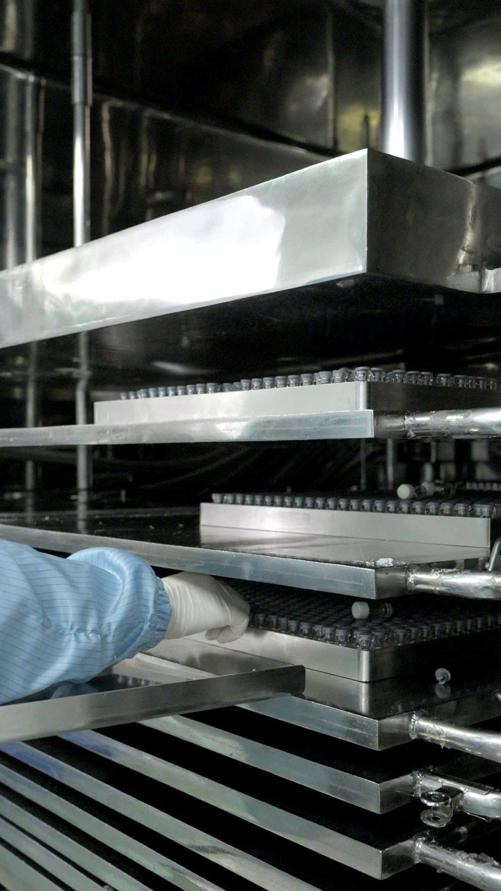 Trays of vials on freeze-dryer shelves